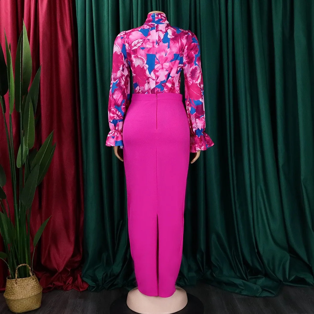 2 Pieces Sets Womens Outfits Skirts and Top Shirts Bow Collar Printed Sheath Back Split Long Clothes Matching 251022