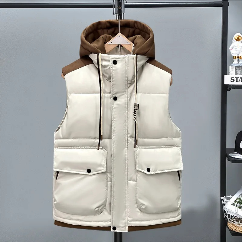 Mens Cotton Padded Vest with Detachable Hood Winter Warm Sleeveless Jacket Fashion Casual Zip Up Bodywarmer Waistcoat 251023