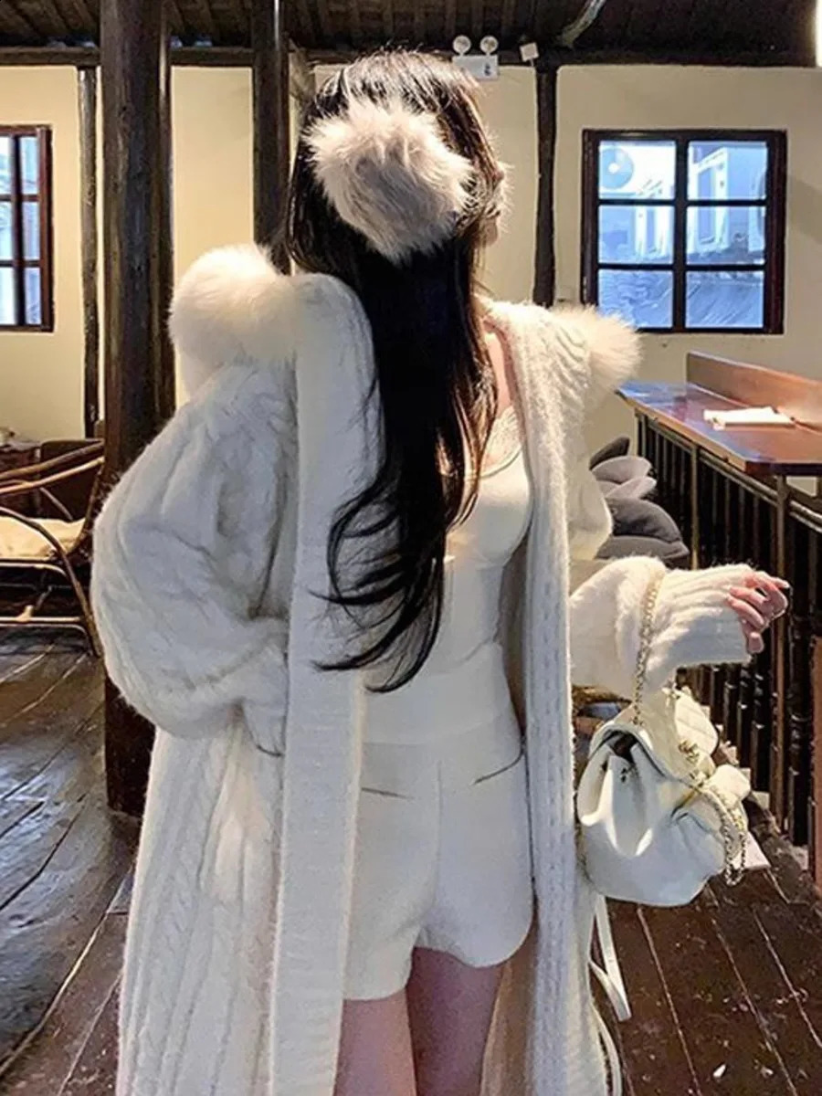 Fur Hooded Sweater Jacket Women Autumn Winter Cardigan Thickened Long Female Loose Simple Leisure Casual Knitwear 251022