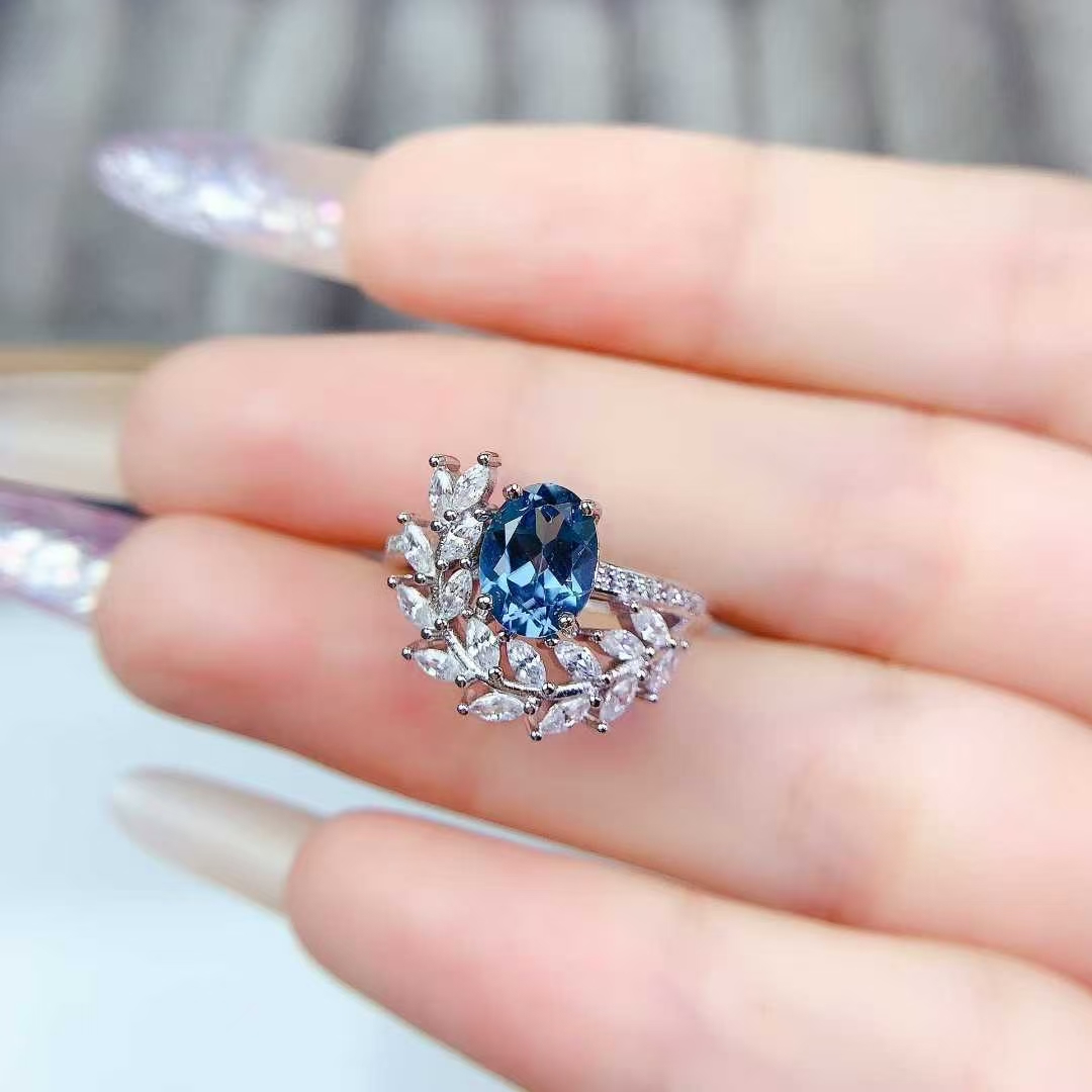 London blue topaz ring real 925 silver gemstone jewelry with 18K gold plating 6mm*8mm 1ct natural topaz silver ring with certificate