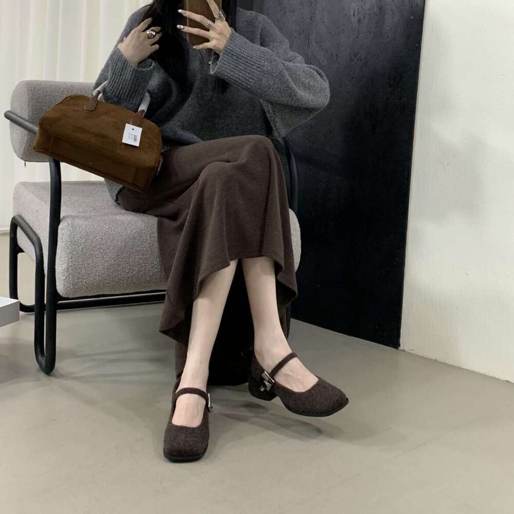 2025 Autumn Winter New Women's Thick Mid-Heel One-Strap Buckle Lamb Wool Square Toe Fleece-Lined Mary Jane Shoes Warm Stylish Designer