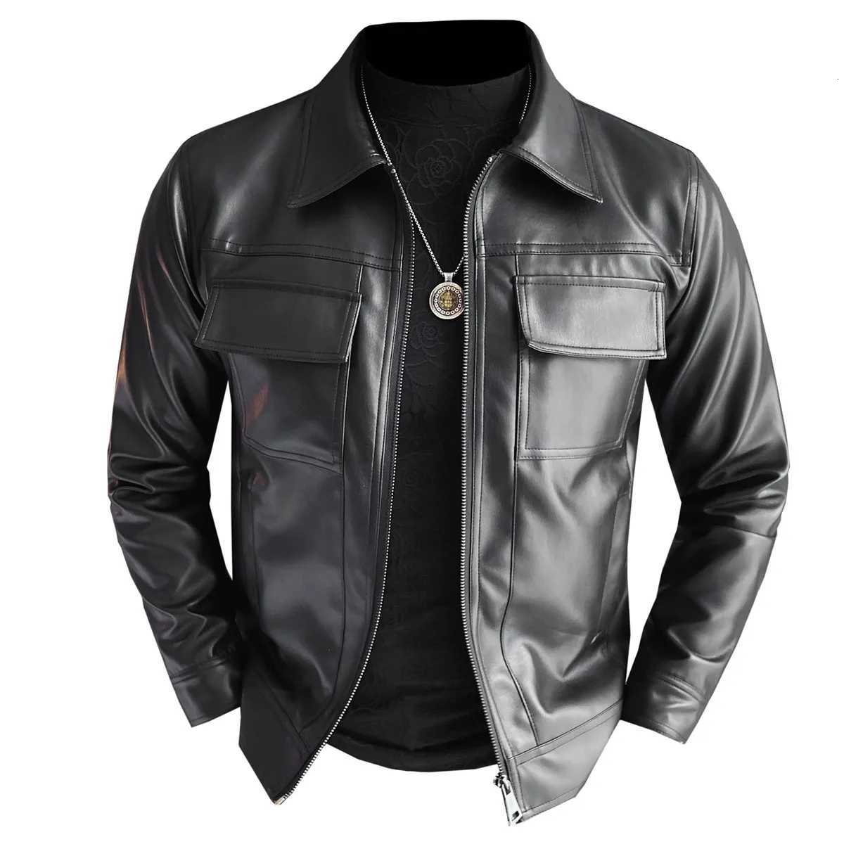Black PU Leather Jackets Men Clothing 2025 Fashion Turn Down Collar Slim Fit Mens Casual Motorcycle Jacket Long Sleeve Coat Man W251023