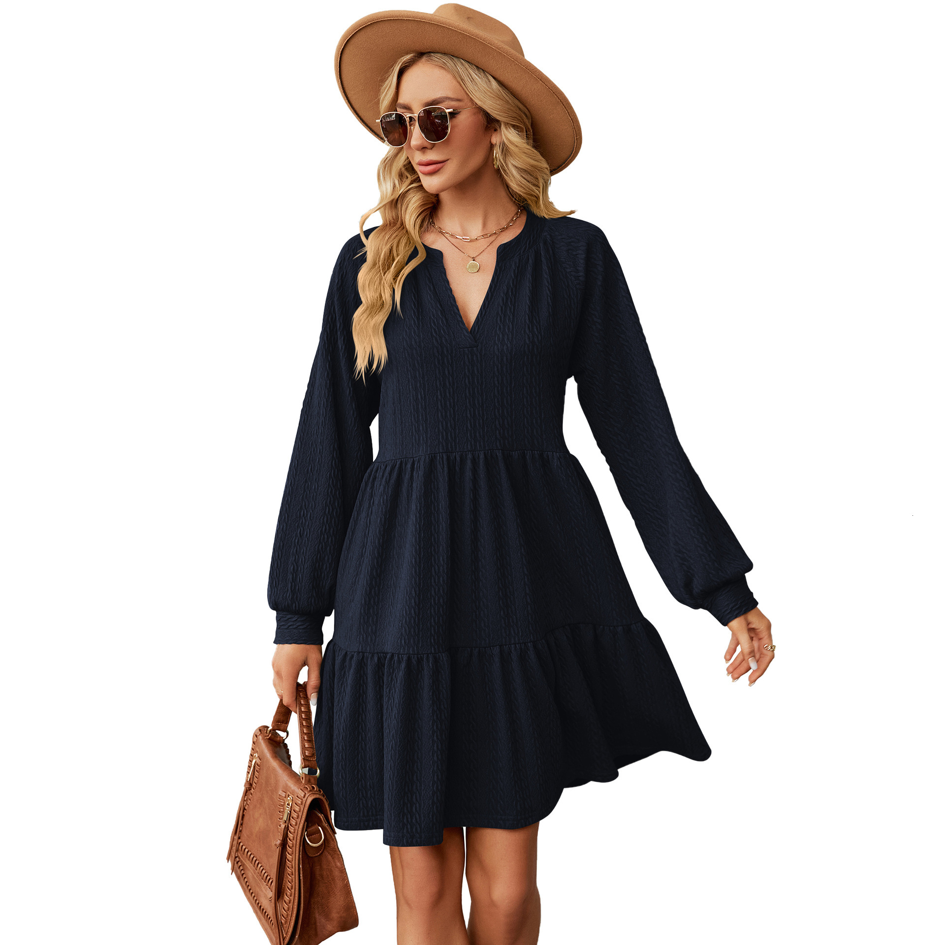 European and American autumn and winter new solid color V-neck loose pleated patch long sleeved dress designer fashionable hot selling dress