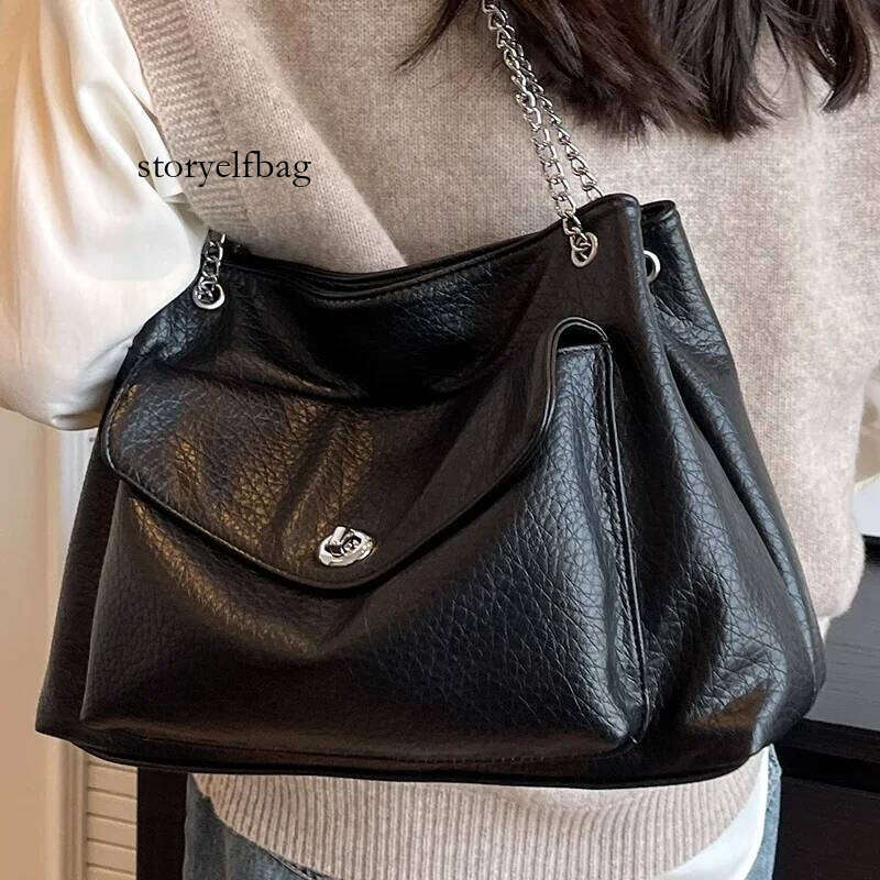 Female Large Black Tote Handbag Multi Pocket Ladies Metal Chain Shoulder Bag Soft Pu Leather Women's Serviceable Crossbody Bags