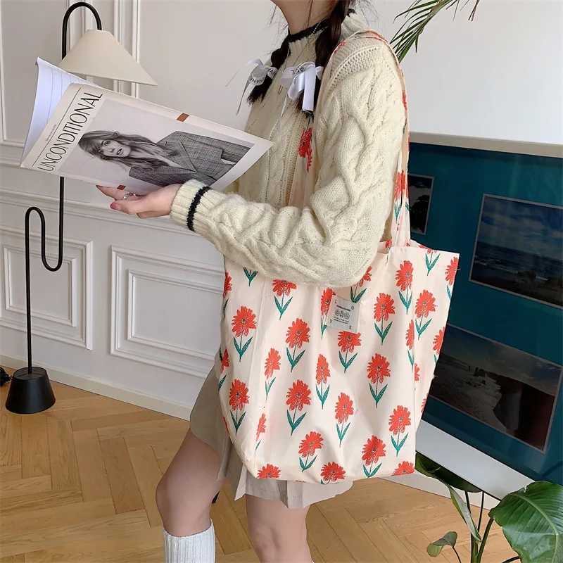 Floral Canvas Tote Bag for Women Large Capacity Printed Shoulder Bag Shopping Bag Female Fashion Casual Open HandbagL251023