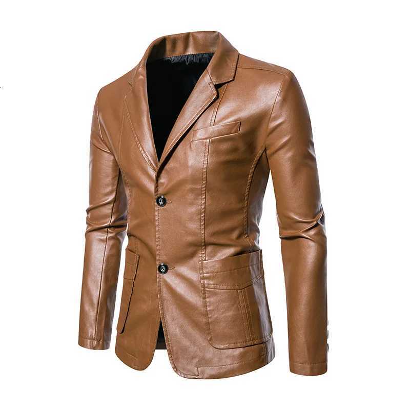 Single Breasted Men Faux Leather Long Sleeve Solid Jacket Leathers Cardigan Outerwear Turn Down Collar Spliced Pockets 2025 W251023