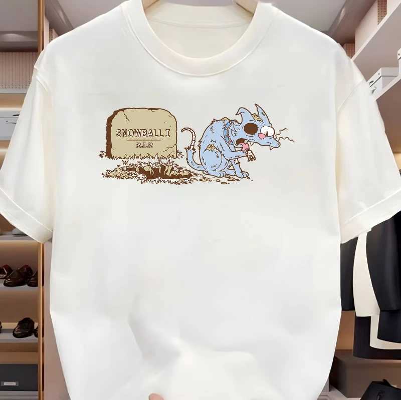 Mens Casual ShortsLeeved Tshirt with Snowball Cat Print Pattern and Text Design Roundneck ShortsLeeved TopXJ251023