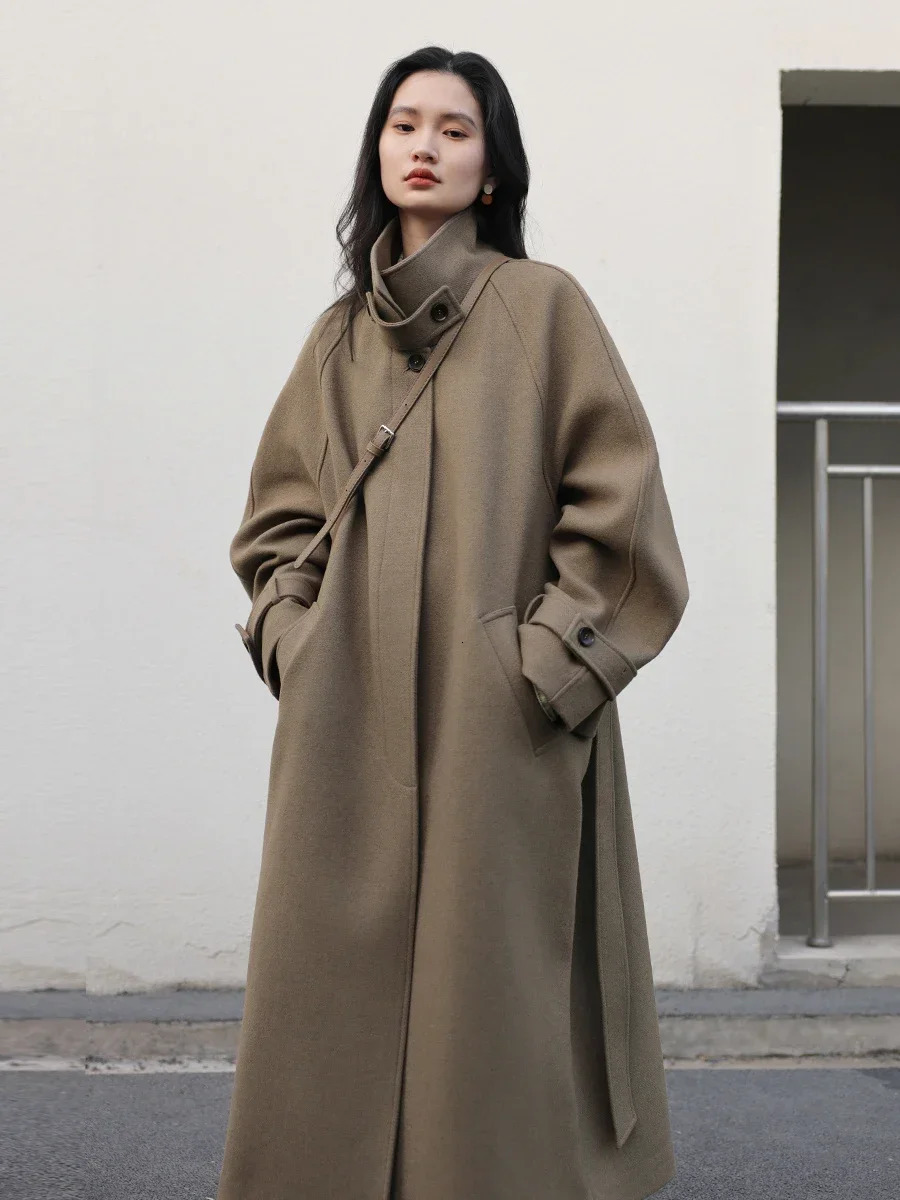 CHIC VEN Women Long Trencn Coat Standing Belt Lace Up Woolen Coat Raglan Sleeves Long Overcoat Office Lady Autumn Winter 251020