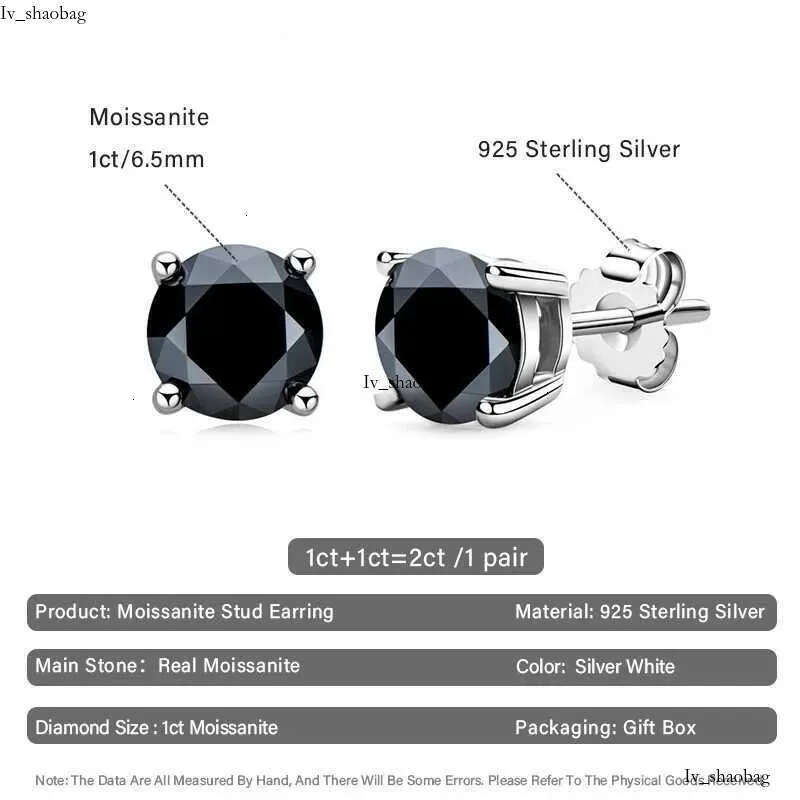 Trendy 0.8-1ct Black Moissanite Stud Earring for Men Women S Sterg Sier Fashion Hip Hop Dia Earrings Jewelry Gifts