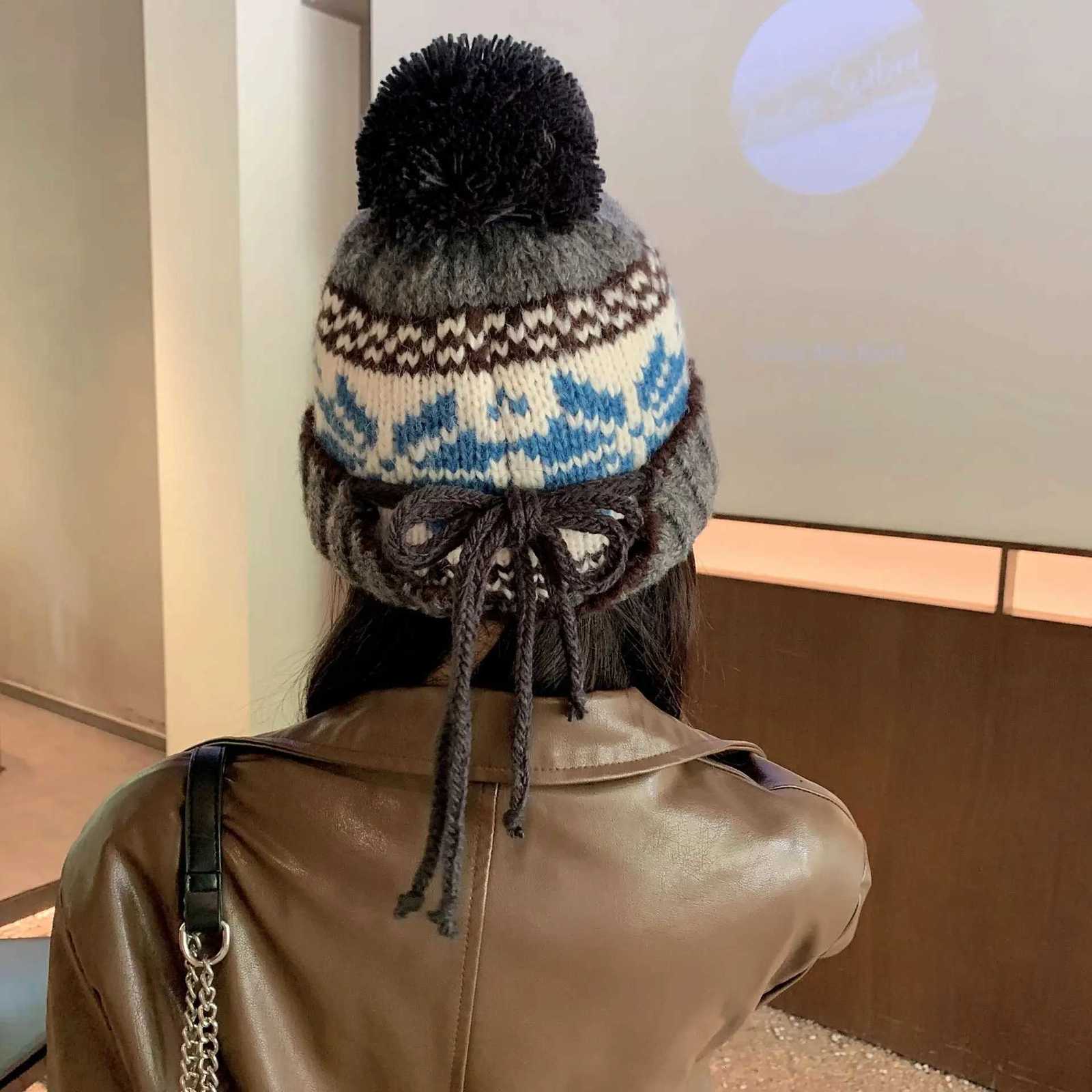 Contrasting Color Versatile Small Face Winter Warmness Jacquard Knitted Hat Womens Large Head Circumference Ear Protection PomXJ251023
