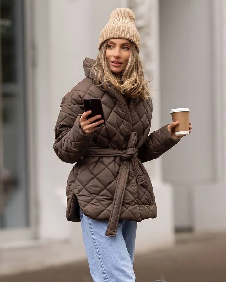 Lace Up Cotton Coat Lady Fashion Casual Stand Collar Vneck Full Sleeve Loose Outerwears Women Winter Daily Commute Street Coats 251021