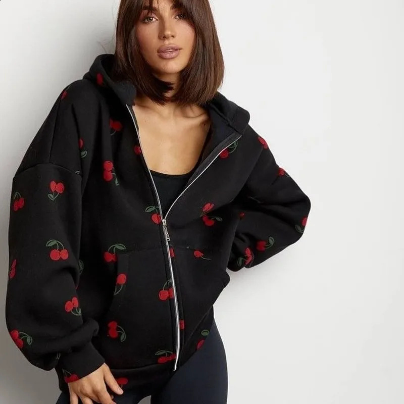 Harajuku Y2K stylish Gothic hiphop fruit heart pattern zipper women hoodie retro rock simple high street casual 251022