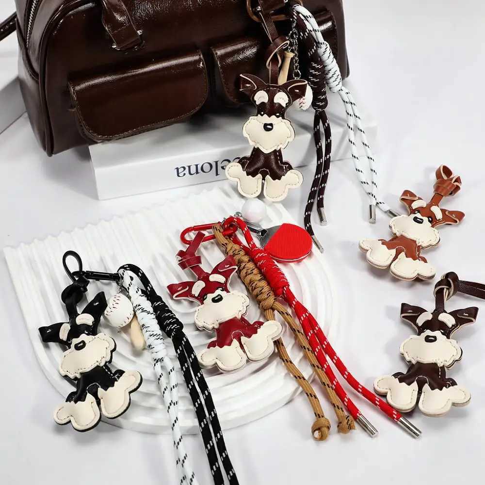 Lovely PU Leather Schnauzer Keychain Cute Puppy Animal Hanger Dog Fashion Bag Pendant Creative Woven Rope Keyring Bag Charms New Z251023