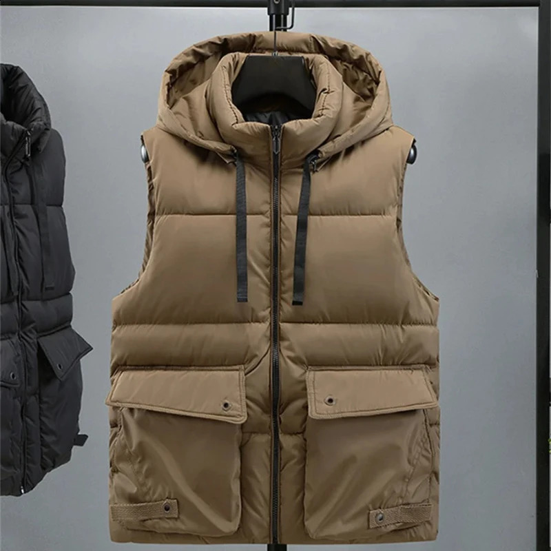 Mens Hooded Vest Winter Zipper Warm Stand Collar Waistcoat Men Cotton Padded Sleeveless Jackets with Big Pockets 251023