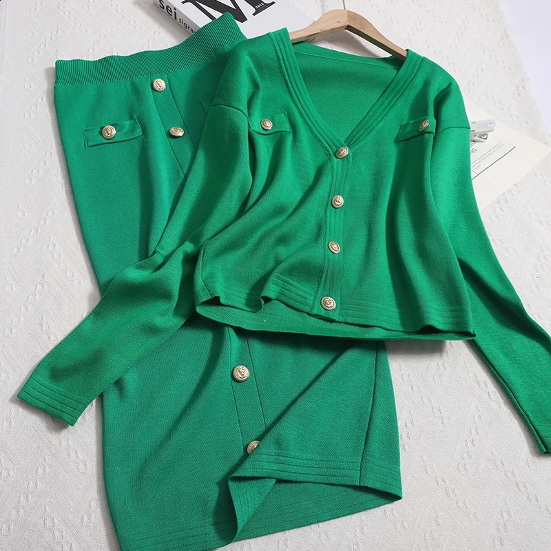 Women Knit Slim Sweater Cardigan Skirts Sets Single Breasted Short Tops Blazer Long Skirt Set 2 Piece Fashion 251022