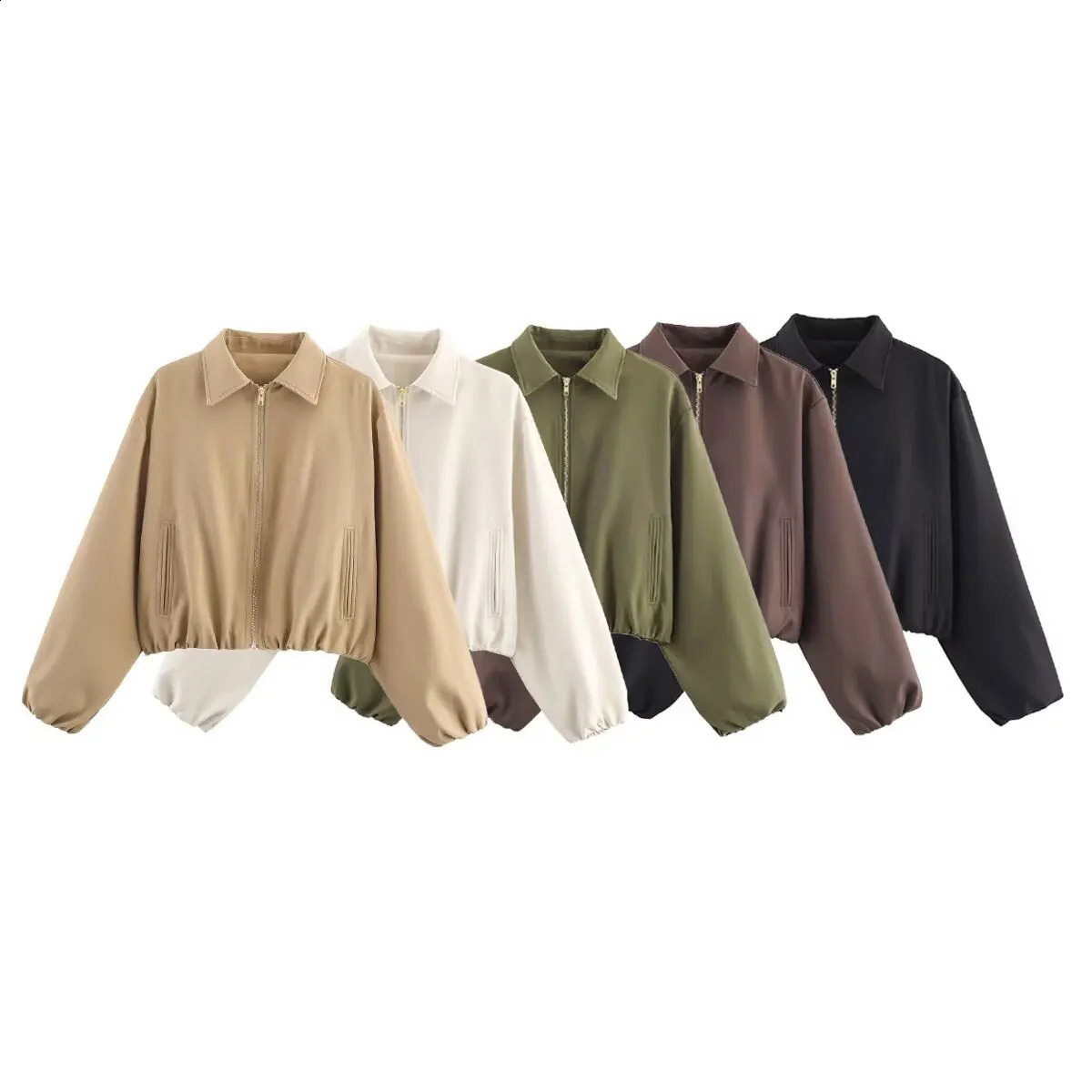 HH Autumn Street Fashion Solid Bomber Jackets Simple Lapel Zipper Fly Long Puff Sleeves With Pockets Womens Casual Coats 251013