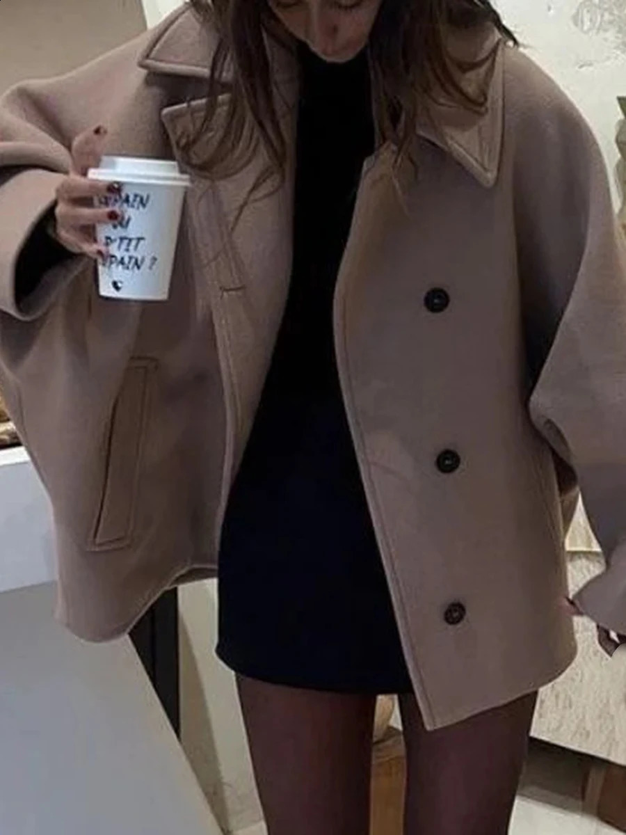 Women s Winter Oversized Wool Jacket with Batwing Sleeves and Lapel Collar Button Clre Solid Color Loose Fit Coat for Cold 251016
