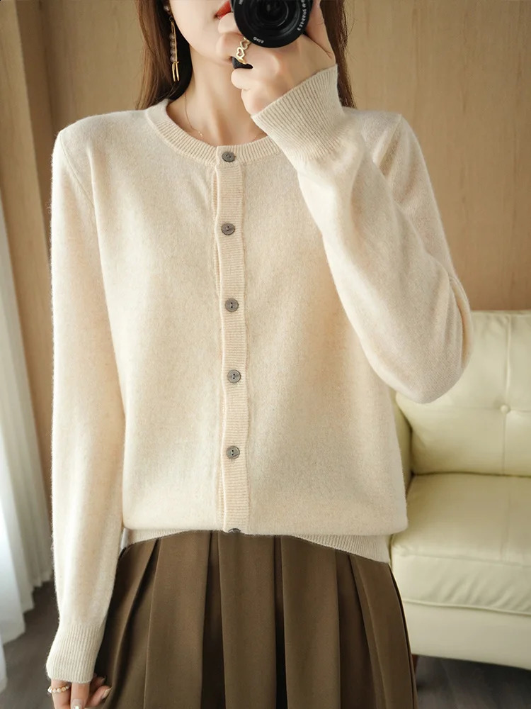 Classy Autumn Winter Women 100 Merino Wool Sweater Elegant ONeck Woman Cashmere Cardigan Knitted Basic Top Clothes 251022