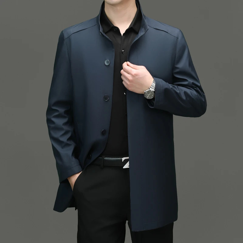 Mens 2025 Trench Coat Long Stand Collar Business Fashion Trend Solid Color Casual for Young People 251014