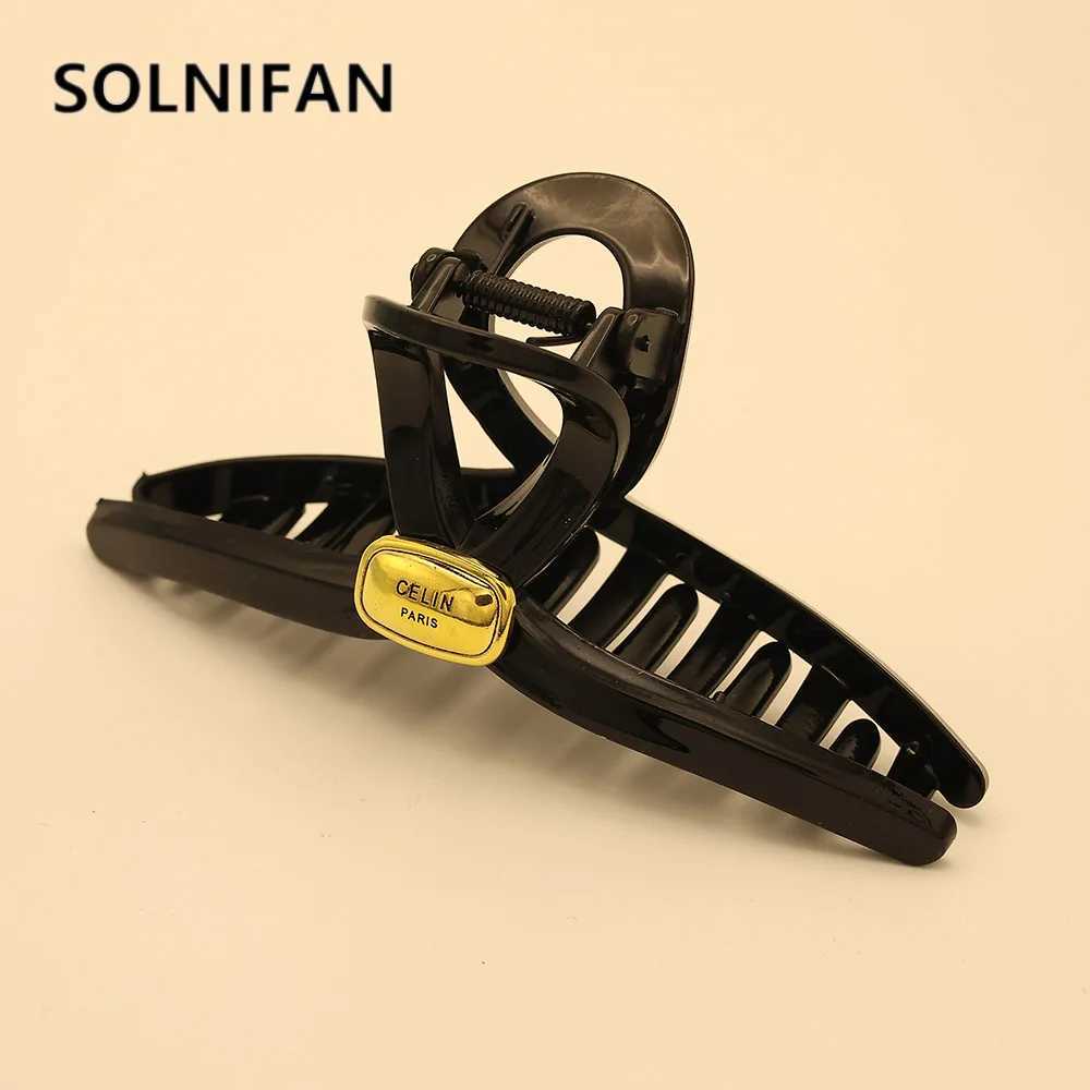 And Simple 14cm Gold Tag Bright Black Hair Clip Fem Ol Fashion Hairpin Gold Label Prum Grab Clip Simple Heaear Y251023