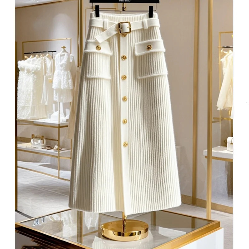 Ladies Winter HighGrade Sense Unique White HighWaisted AKnit Buttons Temperament Slim Fashion Joker Long Soft Skirt 251020