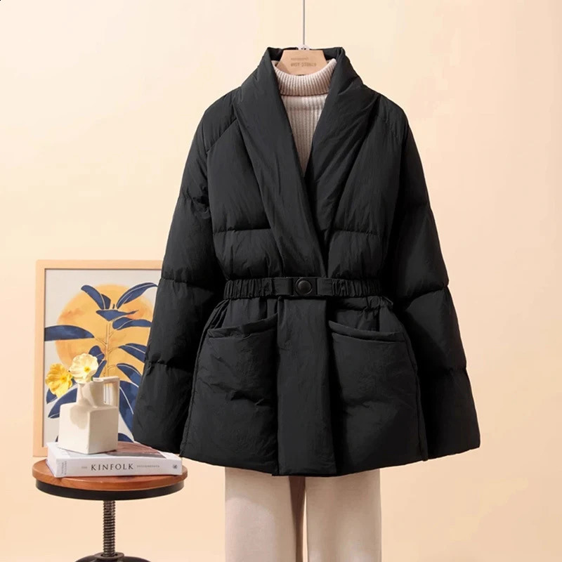 Schinteon Women White Duck Down Jacket Casual Loose Belt Vneck Collar Fashion Autumn Winter Outwear Korean Style Coat 251022