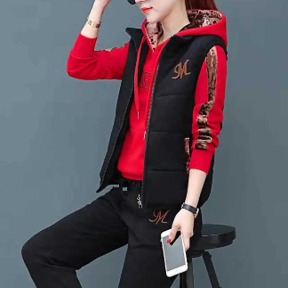 Three Piece Set Women Sweatshirt Set 2024 Autumn Winter Casual Sweat Suit Fashion Plush Thickened Hooded TopsWaistcoat Pants SetT251022