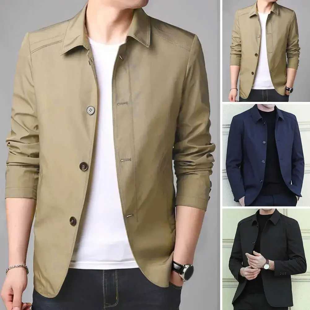 Men Outerwear Elegant Mens Mid Length Business Coat with Turndown Collar Singlebreasted Design for Fall Spring Seasons Men W251023