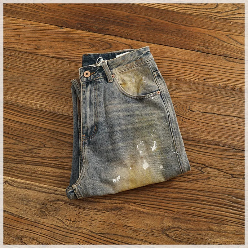 Autumn and winter heavyweight loose straight leg jeans for men personalized splashed ink vintage denim pants 251017