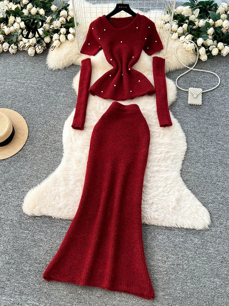SINGREINY Streetwear Cashmere Sweater Suits Women Beading Oversleeve Knit PulloverElastic Long Skirts Autumn Pearl Knitted Sets 251022
