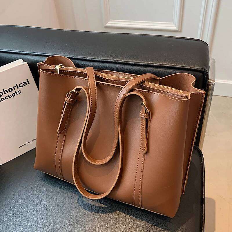 High Capacity PU Tote Bag New Women's Vintage Zipper Magnetic Snap Shoulder Bags Fashion Versatile Commuter Class Handbag