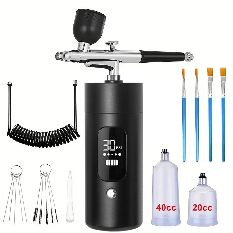 Professional Spray Gun Kit with Compressor Pink Portable Hand Gun USB Charging Adjustable 3 Pressures Digital Display for P 251015