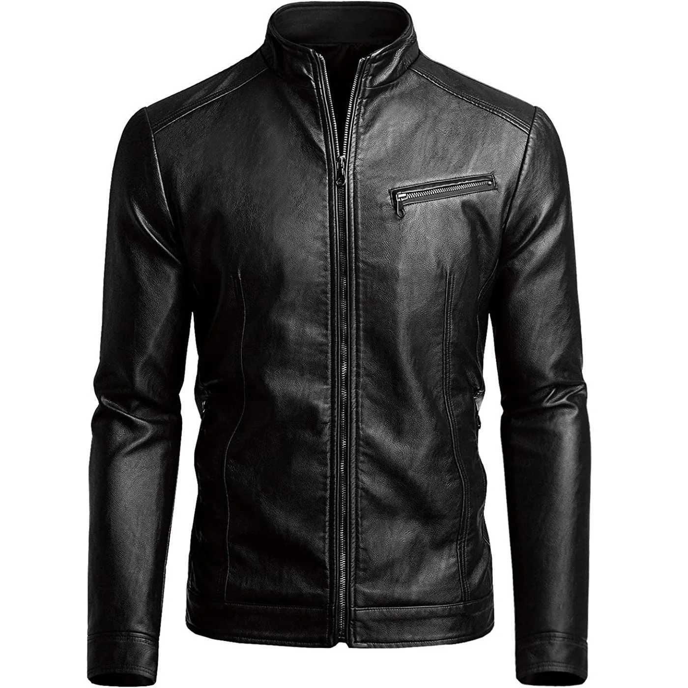 Autumn Winter Men Stand Collar Motorcycle Leather Jacket Coat Brown Black Coffee Multi Color Options Slim Fit Trendy Outerwear W251023