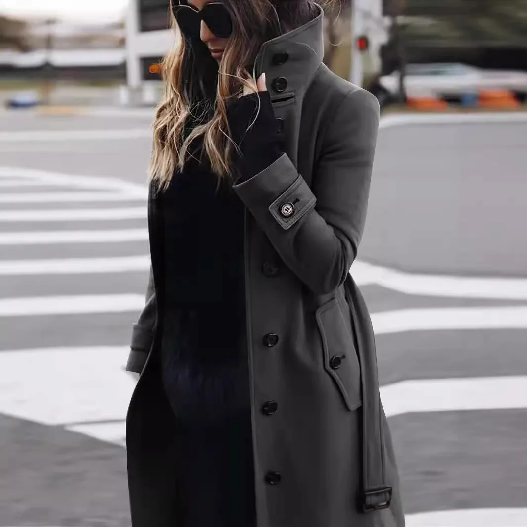 Solid Color Button Long Wool Coat Autumn Warm Stand Collar Women Fashion Ladies High Neck Pocket Belt Trench 251021