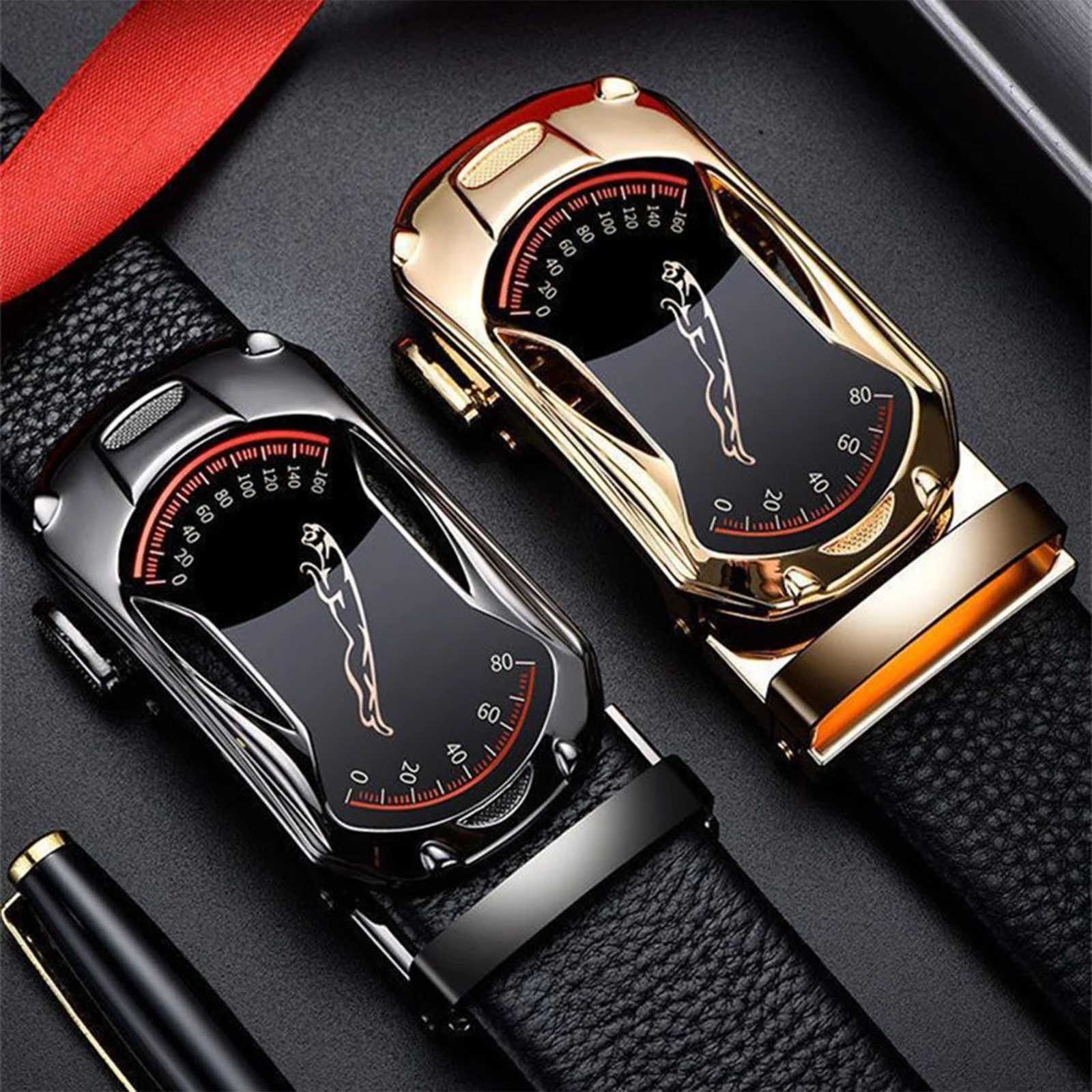 Mens Leather Ratchet Belt Adjustable Trim to Fit Smooth Surface Buckle Belt for Jeans Pants Wide BeltXJ251023