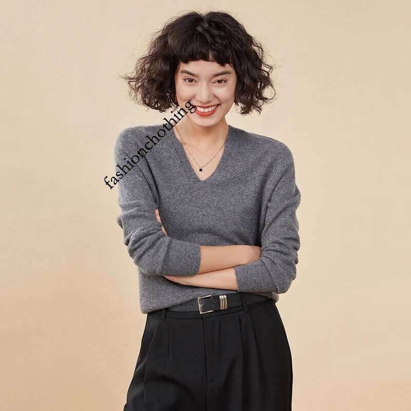 Autumn And Winter New Sweater 100% Pure Cashmere V-neck Knitted Pullover Long Sleeved Hot Selling Women's Top