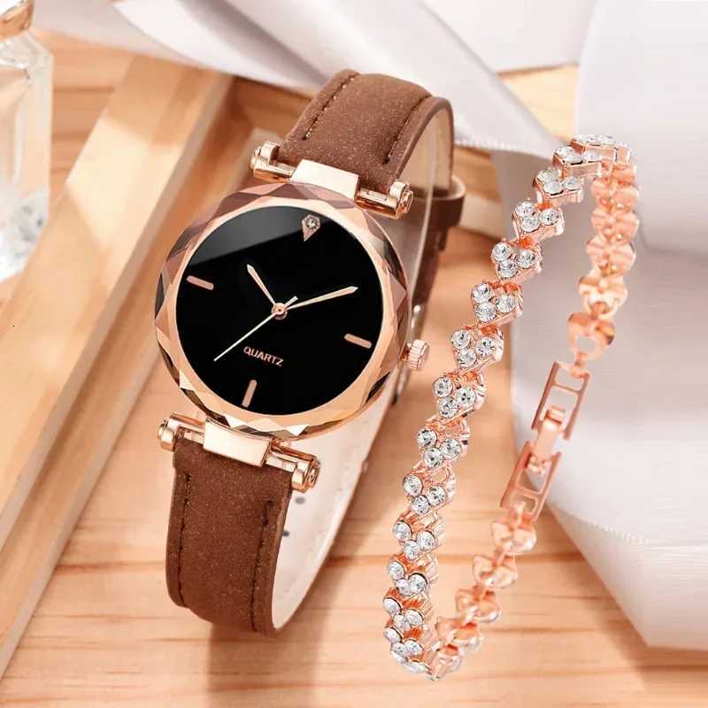 2pcs Luxury Fashion Women Watch Set PU Leather Strap Ladies Quartz Wristwatch Rhinestone RoseGold Alloy Bracelet For Ladies GiftL251023