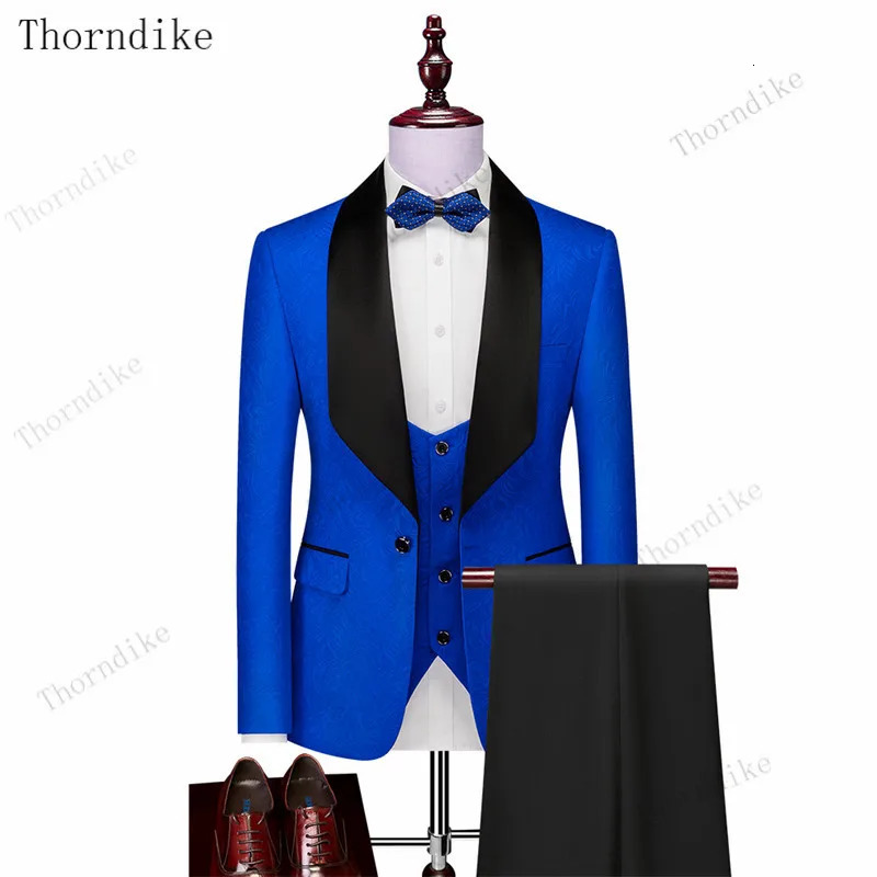 Thorndike Mens Wedding Suits White Jacquard With Black Satin Collar Tuxedo3 Pcs Groom Terno Suits For MenJacketVestPants 251020