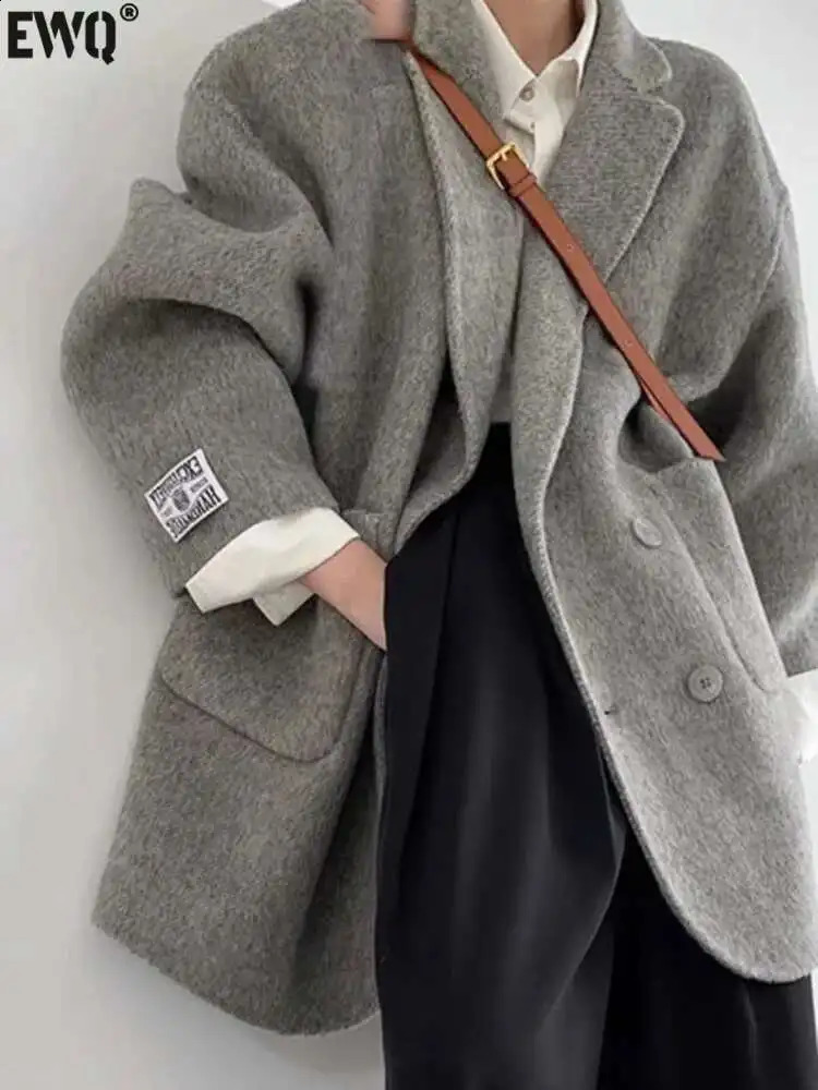 EWQ Korean Loose Long SleeveTurndown Collar Solid Woolen Coats Women Doublefaced Cashmere Coat Winter Autumn 16O1639 251021