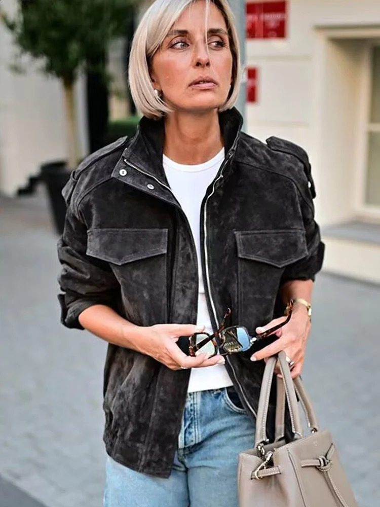 Women Vintage Suede Jacket Autumn Winter Fashion Long Sleeve Zipper Loose Coat Chic Female High Street Leisure Outerwear 251013