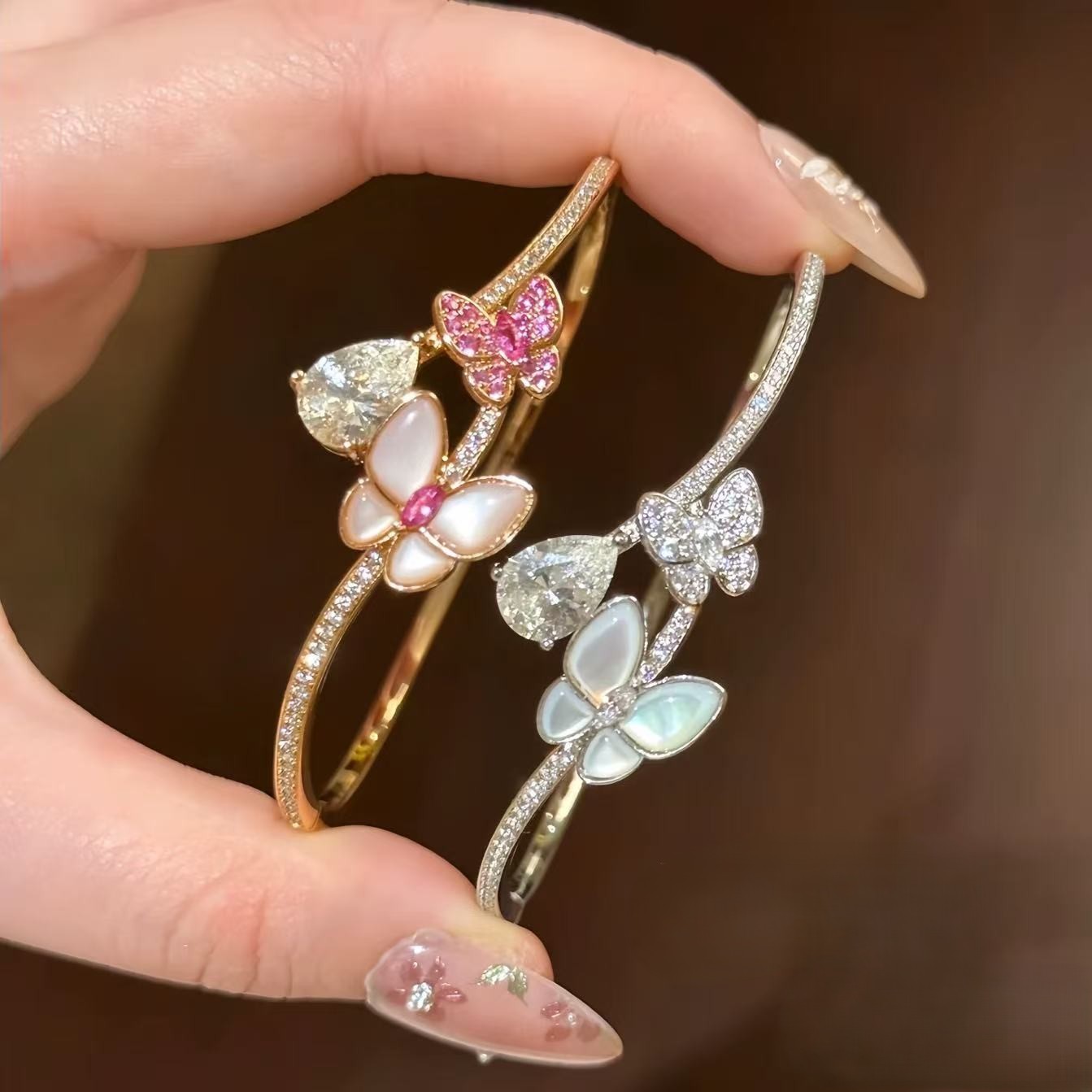 TaiYang New Gold Plated Copper Cat's Eye Butterfly Bracelet, Full Zirconia Teardrop Bangle with Elegant Floral Accents
