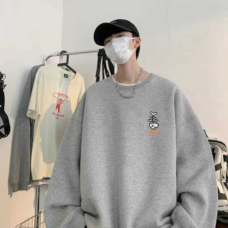 M8XL Autumn Men Oversized Sweatshirts Fashion Loose Simple Graffiti Fishbones Print Long Sleeve Plus Velvet Couple ClothesT251023