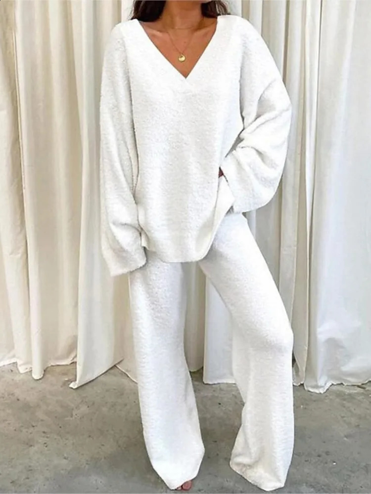 Winter Womens Comfortable Solid Color Sexy Vneck Casual Daily Home Warm Long Sleeved With Pocket Pants Twopiece Set 251022