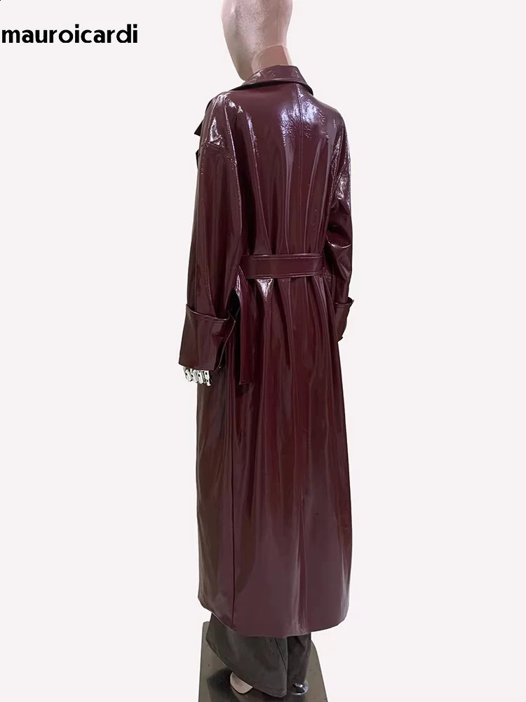 Mauroicardi Spring Autumn Extra Long Oversized Pu Leather Trench Coat for Women Sashes Elegant Chic y ner Clothes 251017