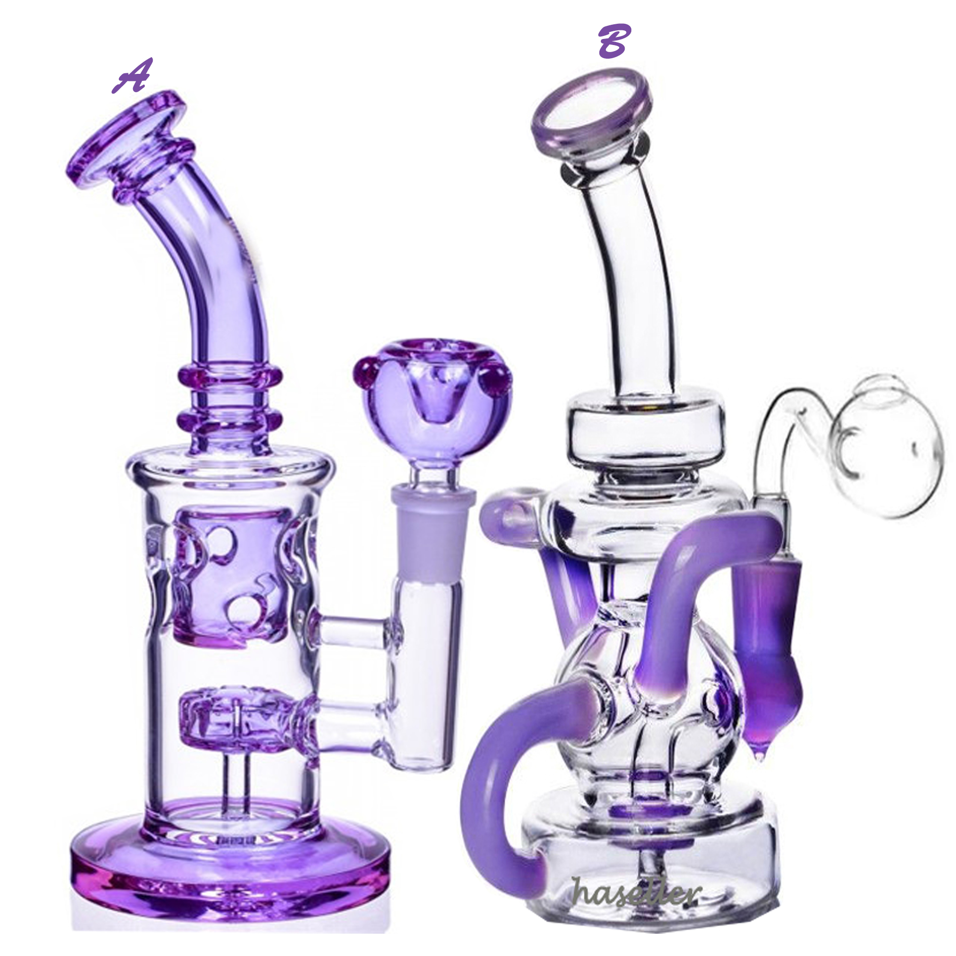 Purple Glass Water Bongs Recycler Hookahs Percolator Bong Smoking Water Pipes Bubbler With 14mm banger
