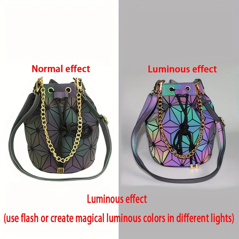 Women Bag Geometry Saser Plain Folding Bucket Bags Luminous Handbags Ladies Casual Tote Bao Drawstring Crossbody Bolsas 251018