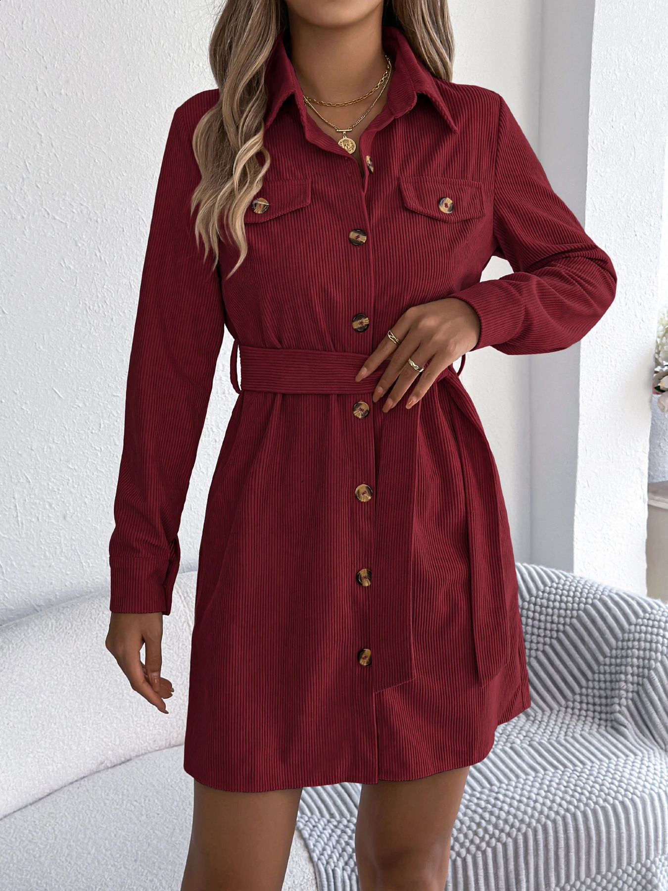 Autumn Winter Casual Solid Color Corduroy Single Breasted Lace Up Dress Khaki Black Red Women Clothing 251022