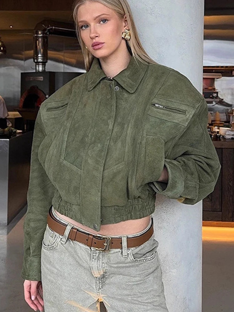 FSMG Vintage Solid Suede Lapel Jacket For Women Casual Long Sleeve Pocket Zipper Short Coat Lady High Street Motorcycle Outwears 251018