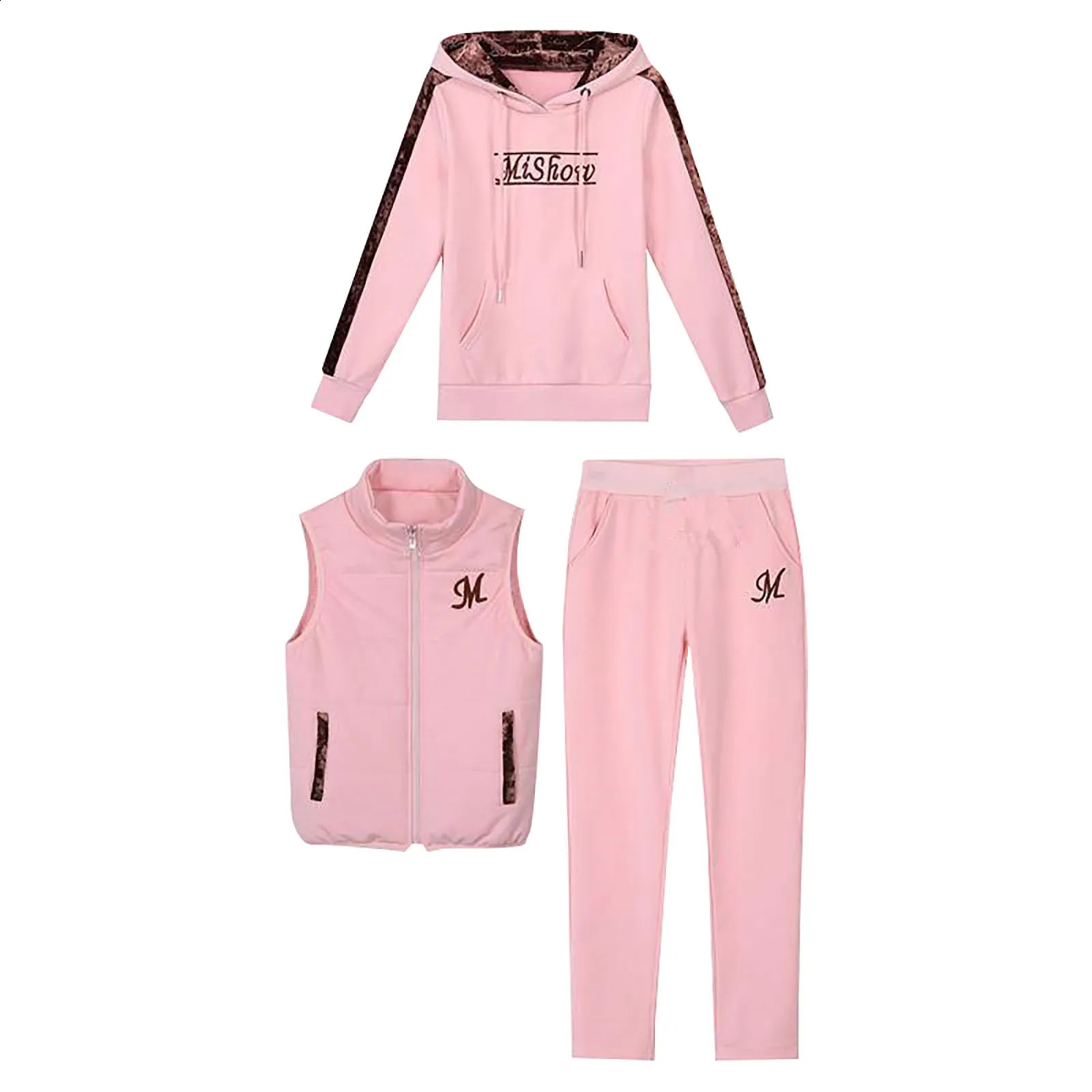 3PcsSet Simple Women Tracksuit Thickened Elastic Waist Letter Print Hoodie Jogging Pants Zipper Vest Suit Coldproof 251022