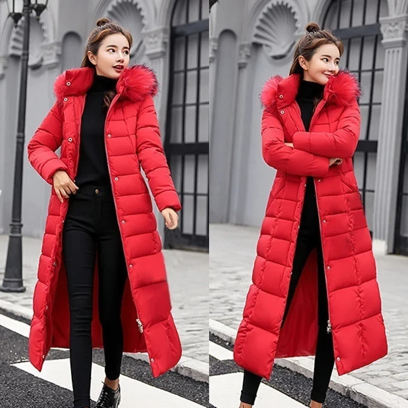 Winter Womens Jacket Warm Fashion Comfortable Bow Belt Fox Fur Collar Clothes Long Dress Office Casual Thick Coat 251021